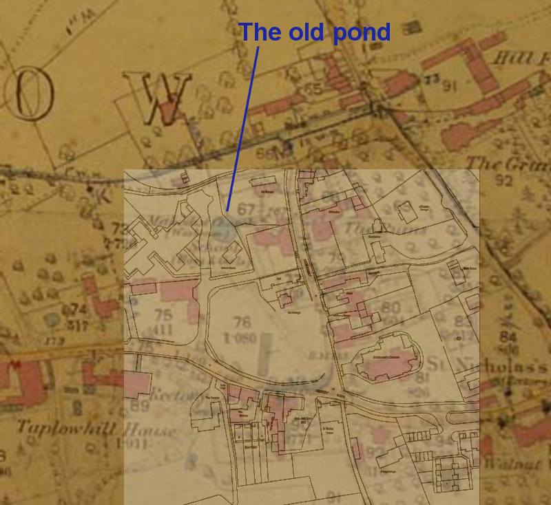 Overlaid maps showing the location of the old pond