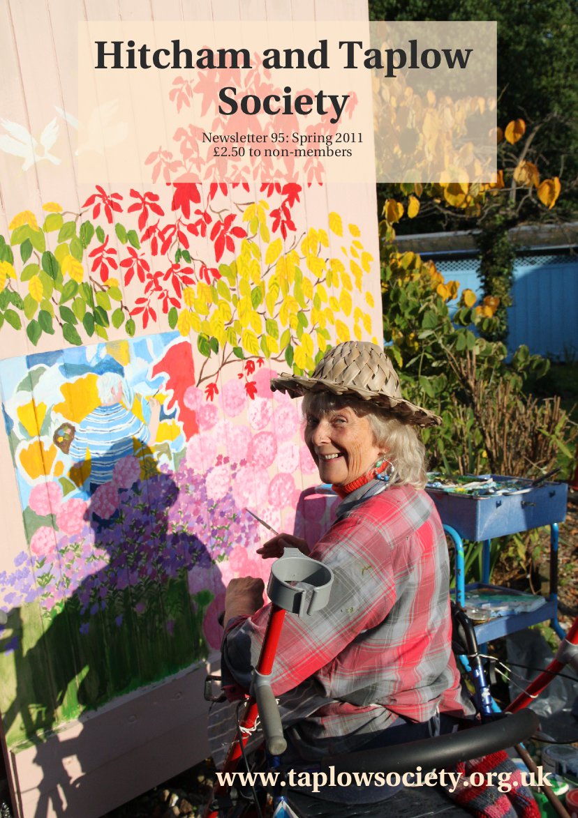 Newsletter 95 cover, spring 2011: photo of Sheila Horton painting a new scene on the gates of the Old Rectory